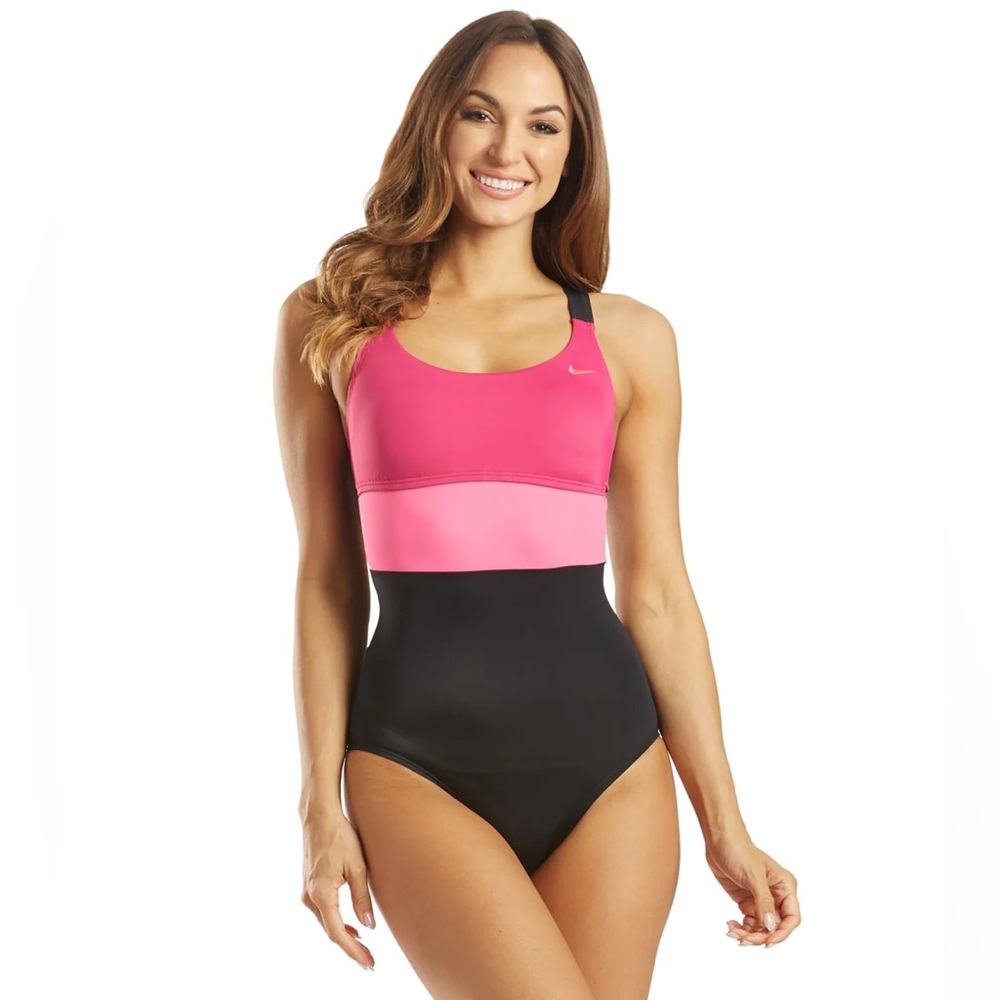Nike Swim Women's Poly Core Chest Support Racerback One Piece Size L Black/pink